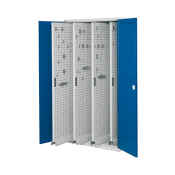 Werkzeugschrank - 4 Vertikalauszüge mit Lochplatten - Frontfarbe enzianblau, Türen geschlossen, 1.950 x 1.000 x 600 mm (HxBxT)