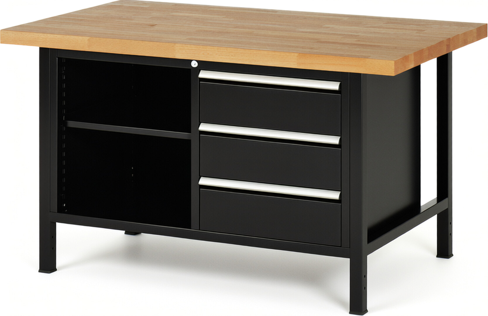Werkbank Modell 8462 schwarz, BxTxH 1500x900x840-1040 mm,  Buche-Massiv Arbeitsplatte 40 mm,  3 Schubladen mit  Vollauszug 100 % und  SoftClosing