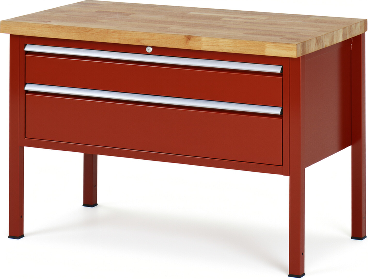 Werkbank Modell 8323 rot, BxTxH 1250x700x840-1040 mm,  Buche-Massiv Arbeitsplatte 40 mm,  2 Schubladen mit  Auszug 90 %