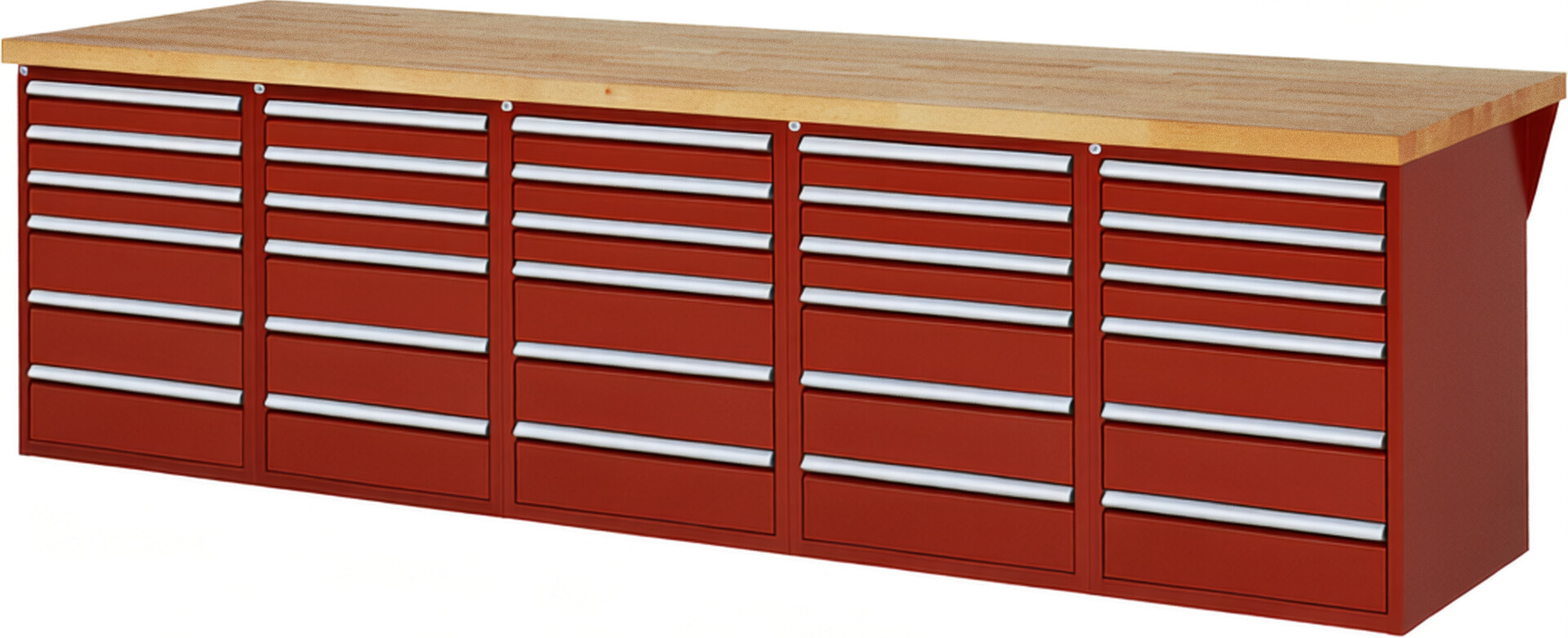Werkbank Modell 7515 rot, BxTxH 3000x900x890 mm,  Buche-Massiv Arbeitsplatte 40 mm,  30 Schubladen mit  Auszug 90 %