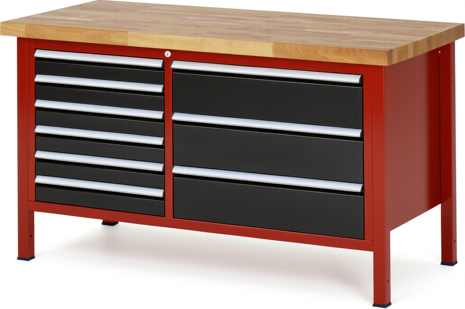 Werkbank Modell 8653 rot - schwarz, BxTxH 1500x700x840 mm,  Buche-Massiv Arbeitsplatte 40 mm,  9 Schubladen mit  Auszug 90 %