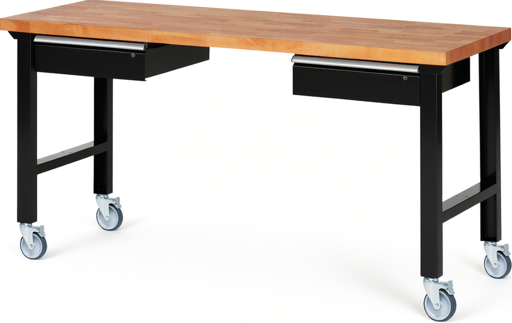 Fahrbare Werkbank Modell 7002 schwarz, BxTxH 2000x700x1000 mm,  Buche-Massiv Arbeitsplatte 40 mm,  2 Schubladen mit  Auszug 90 %
