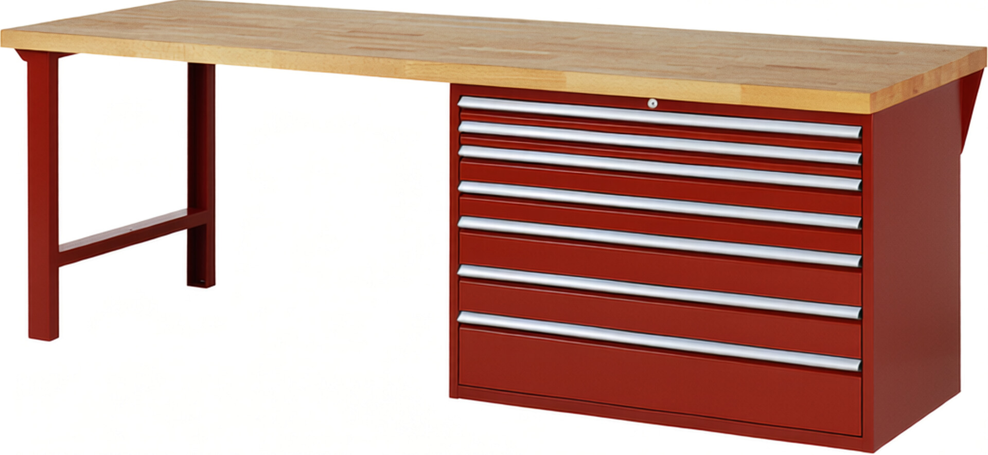 Werkbank Modell 7717 rot, BxTxH 2500x900x890 mm,  Buche-Massiv Arbeitsplatte 40 mm,  7 Schubladen mit  Vollauszug 100 % und  SoftClosing