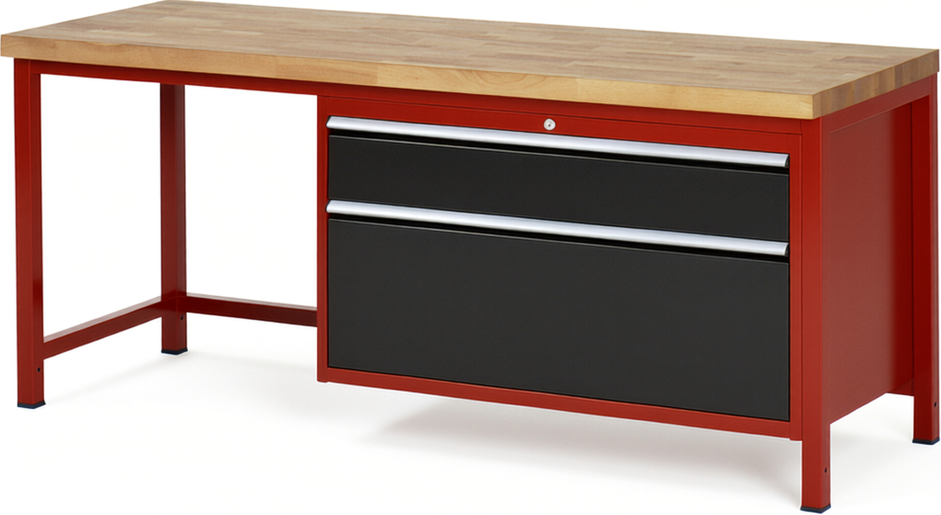 Werkbank Modell 8356 rot - schwarz, BxTxH 2000x700x840 mm,  Buche-Massiv Arbeitsplatte 40 mm,  2 Schubladen mit  Auszug 90 %