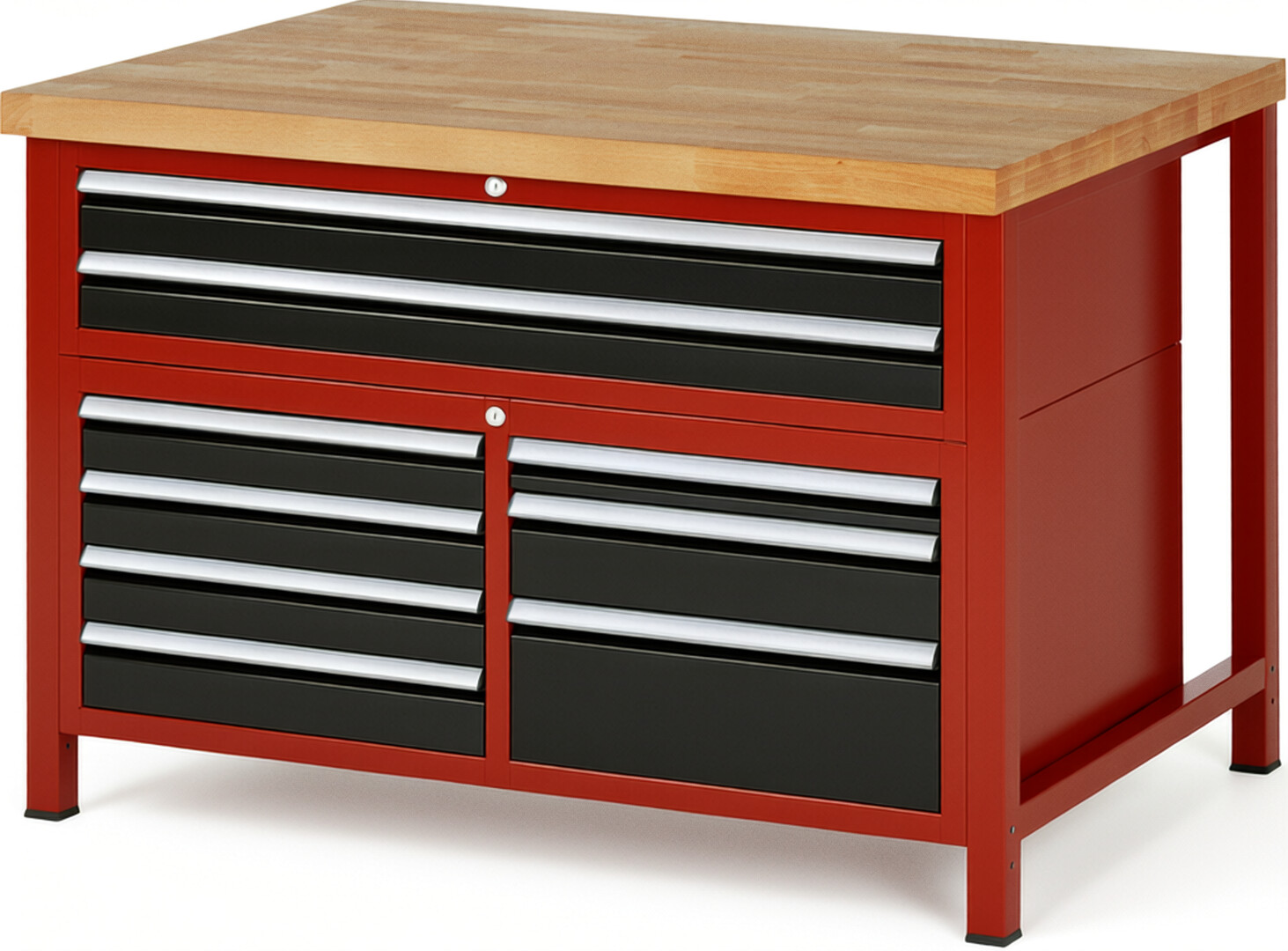 Werkbank Modell 8923 rot - schwarz, BxTxH 1250x900x840 mm,  Buche-Massiv Arbeitsplatte 40 mm,  9 Schubladen mit  Auszug 90 %