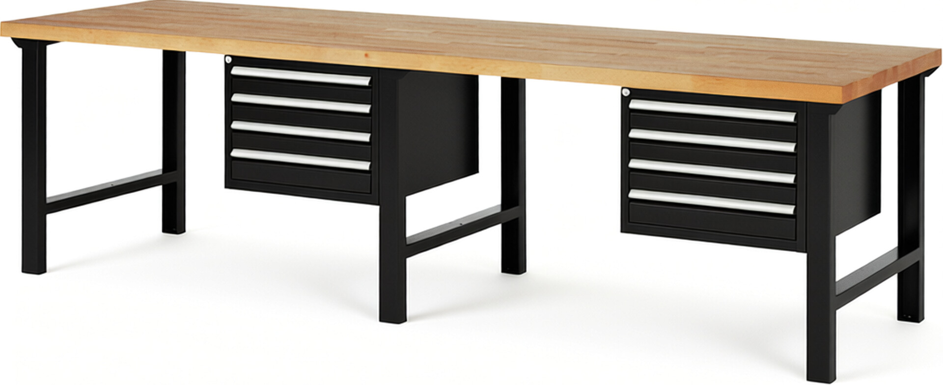 Werkbank Modell 7133 schwarz, BxTxH 3000x900x840 mm,  Buche-Massiv Arbeitsplatte 40 mm,  8 Schubladen mit  Vollauszug 100 % und  SoftClosing