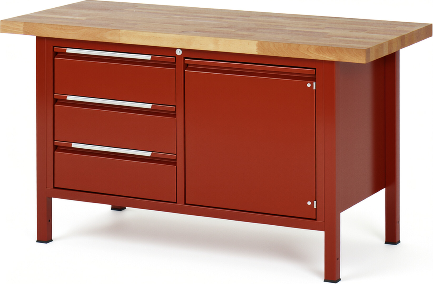 Werkbank, Platte Buche 40 mm rot, BxTxH 1500x700x840 mm, 3 Schubladen 180 mm, 1 Tür 540 mm, 1 Fachboden, RAL 3000/3000