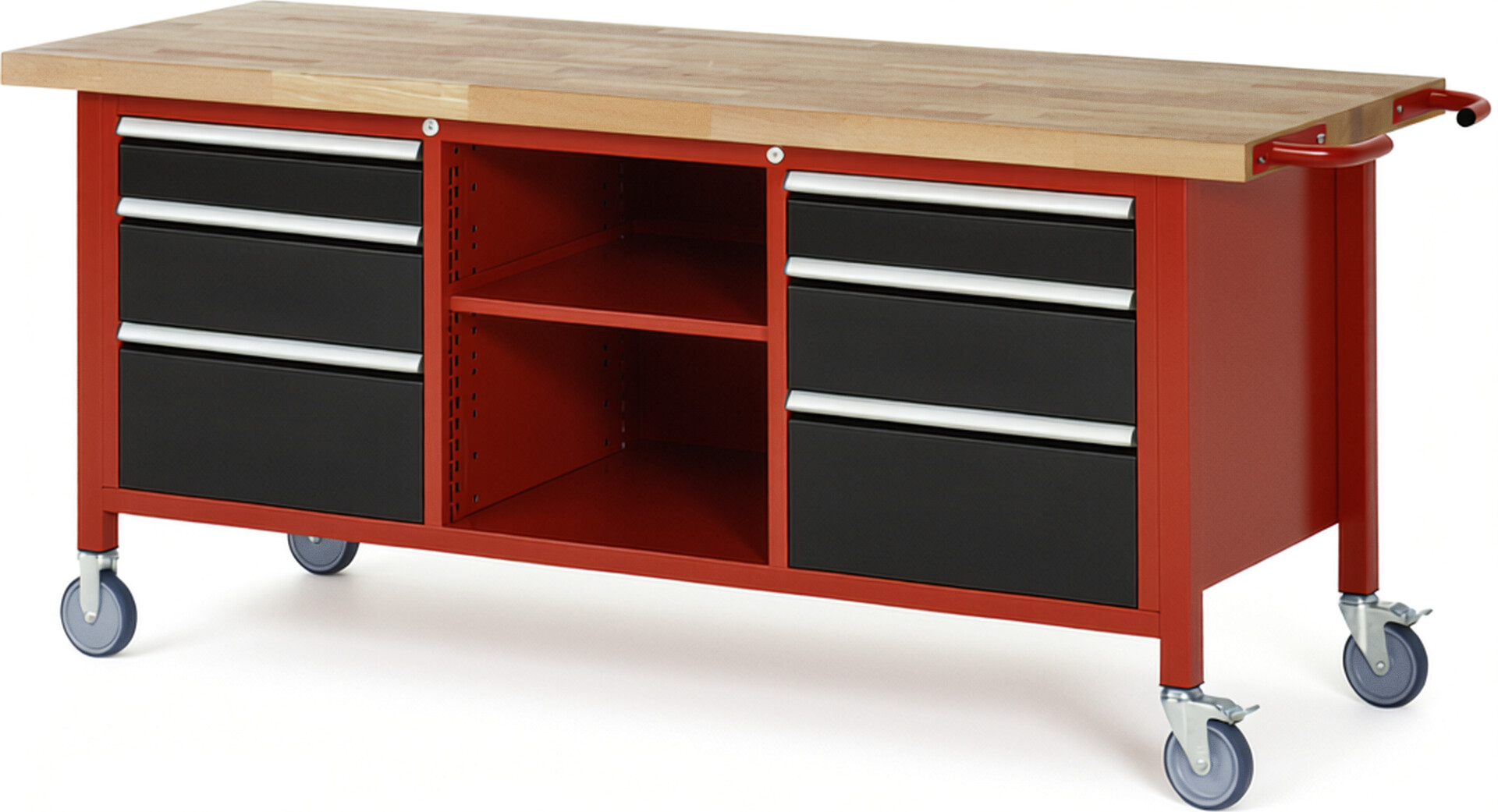 Fahrbare Werkbank Modell 8564 rot - schwarz, BxTxH 2000x700x880 mm,  Buche-Massiv Arbeitsplatte 40 mm,  6 Schubladen mit  Auszug 90 %