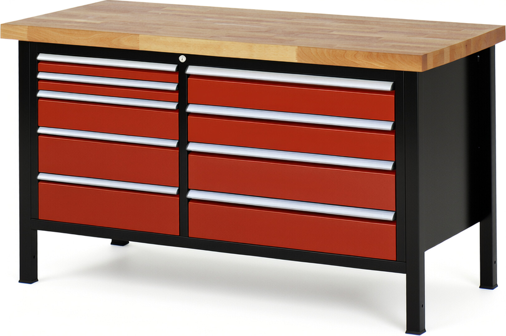 RAU Werkbank schwarz - rot - Breite 150 cm - Tiefe 70 cm - Höhe 104 cm - Buche-Massiv Arbeitsplatte 40 mm