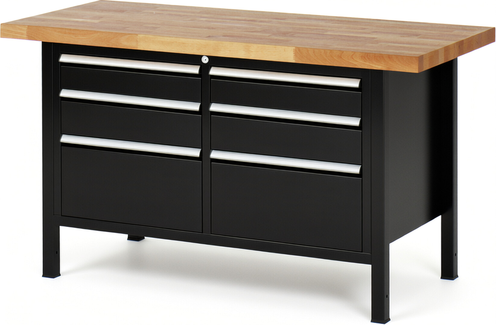Werkbank Modell 8475 schwarz, BxTxH 1500x700x840-1040 mm,  Buche-Massiv Arbeitsplatte 40 mm,  6 Schubladen mit  Auszug 90 %
