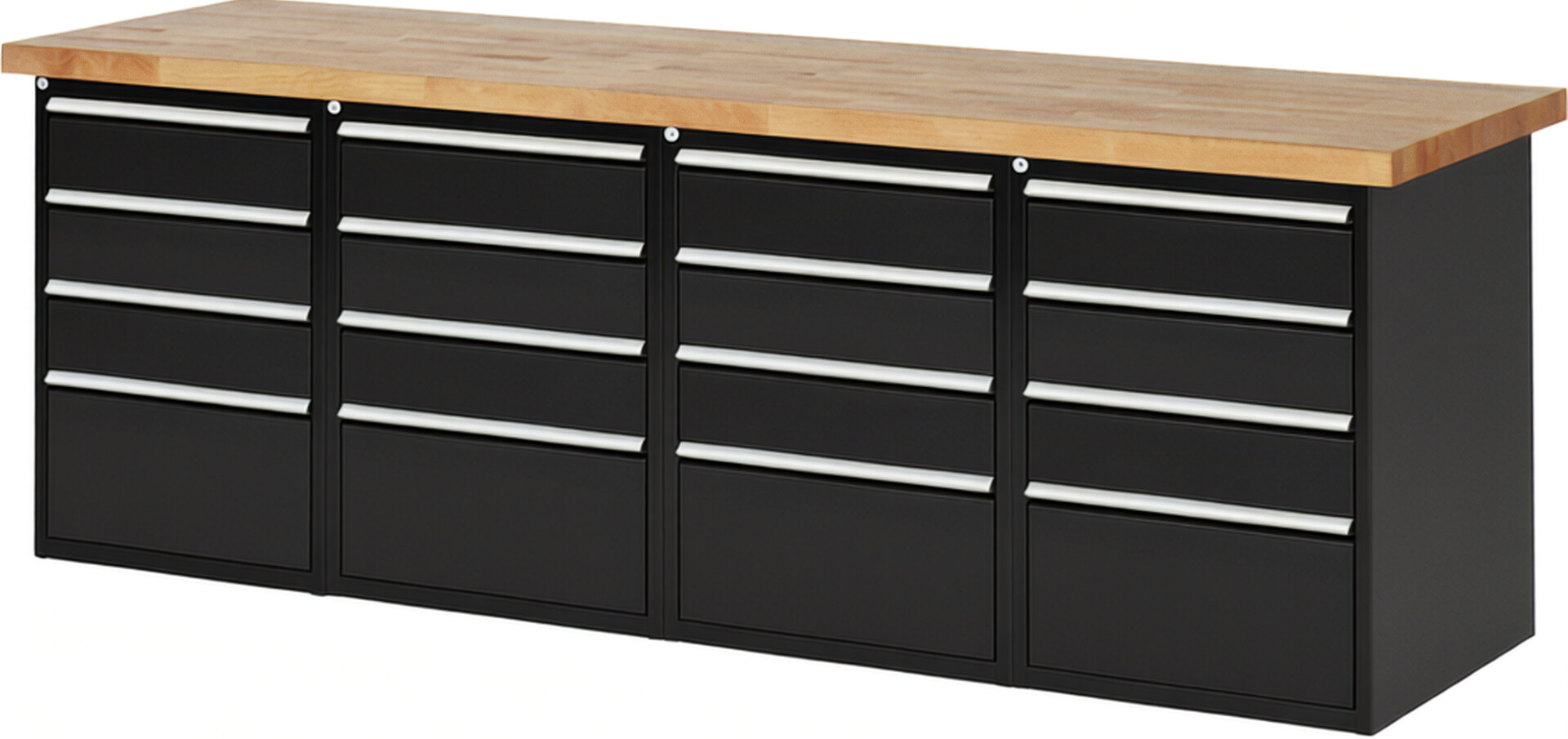 Werkbank Modell 7510 schwarz, BxTxH 2500x900x890 mm,  Buche-Massiv Arbeitsplatte 40 mm,  16 Schubladen mit  Vollauszug 100 % und  SoftClosing