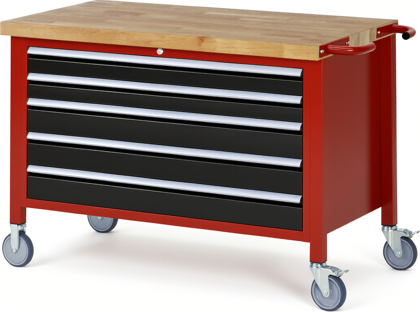 Fahrbare Werkbank Modell 8371 rot - schwarz, BxTxH 1250x700x880 mm,  Buche-Massiv Arbeitsplatte 40 mm,  5 Schubladen mit  Vollauszug 100 % und  SoftClosing