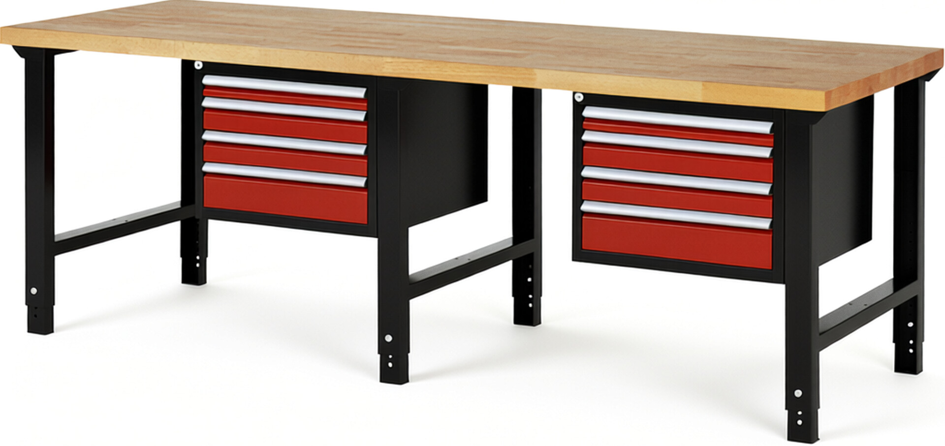 RAU Werkbank schwarz - rot - Breite 250 cm - Tiefe 90 cm - Höhe 114 cm - Buche-Massiv Arbeitsplatte 40 mm