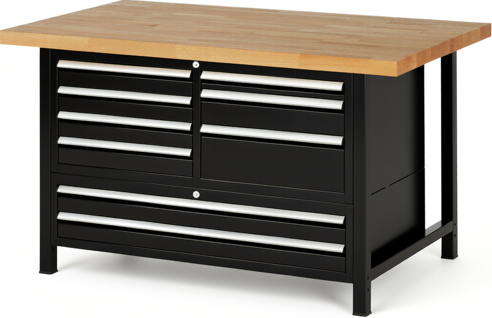 Werkbank Modell 8933 schwarz, BxTxH 1500x900x840 mm,  Buche-Massiv Arbeitsplatte 40 mm,  9 Schubladen mit  Auszug 90 %