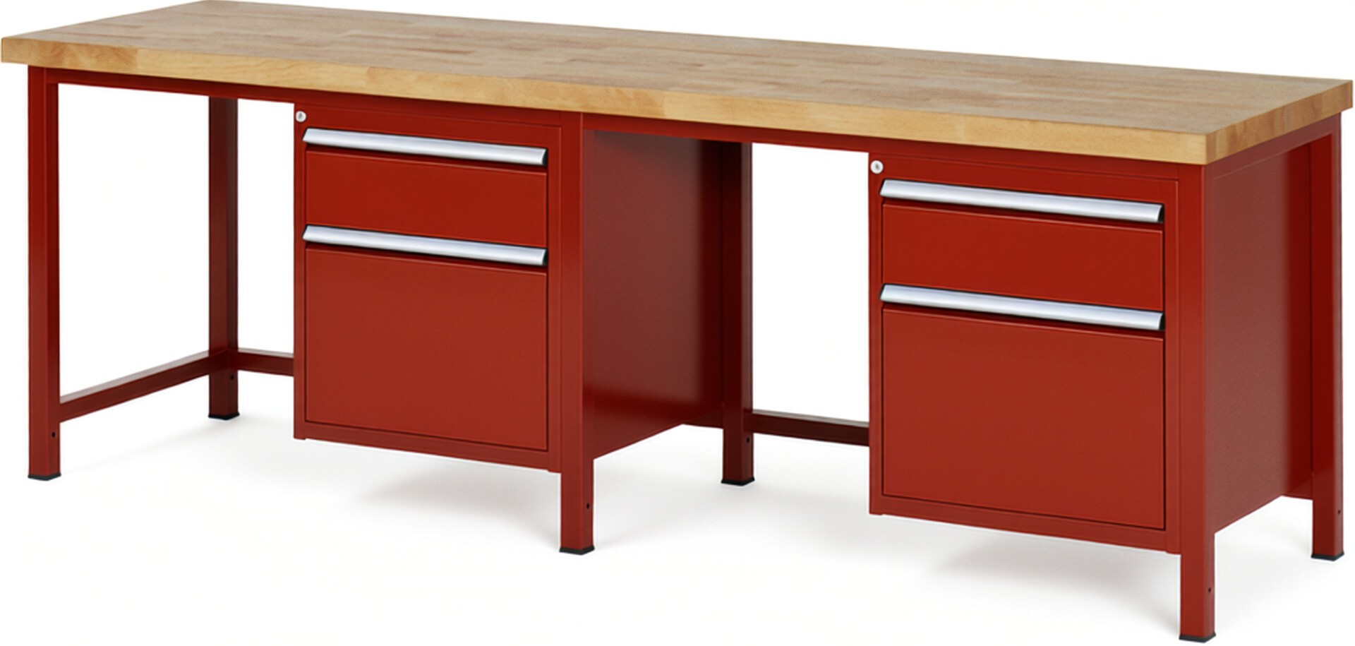 Werkbank Modell 8156 rot, BxTxH 2500x700x840 mm,  Buche-Massiv Arbeitsplatte 40 mm,  4 Schubladen mit  Auszug 90 %