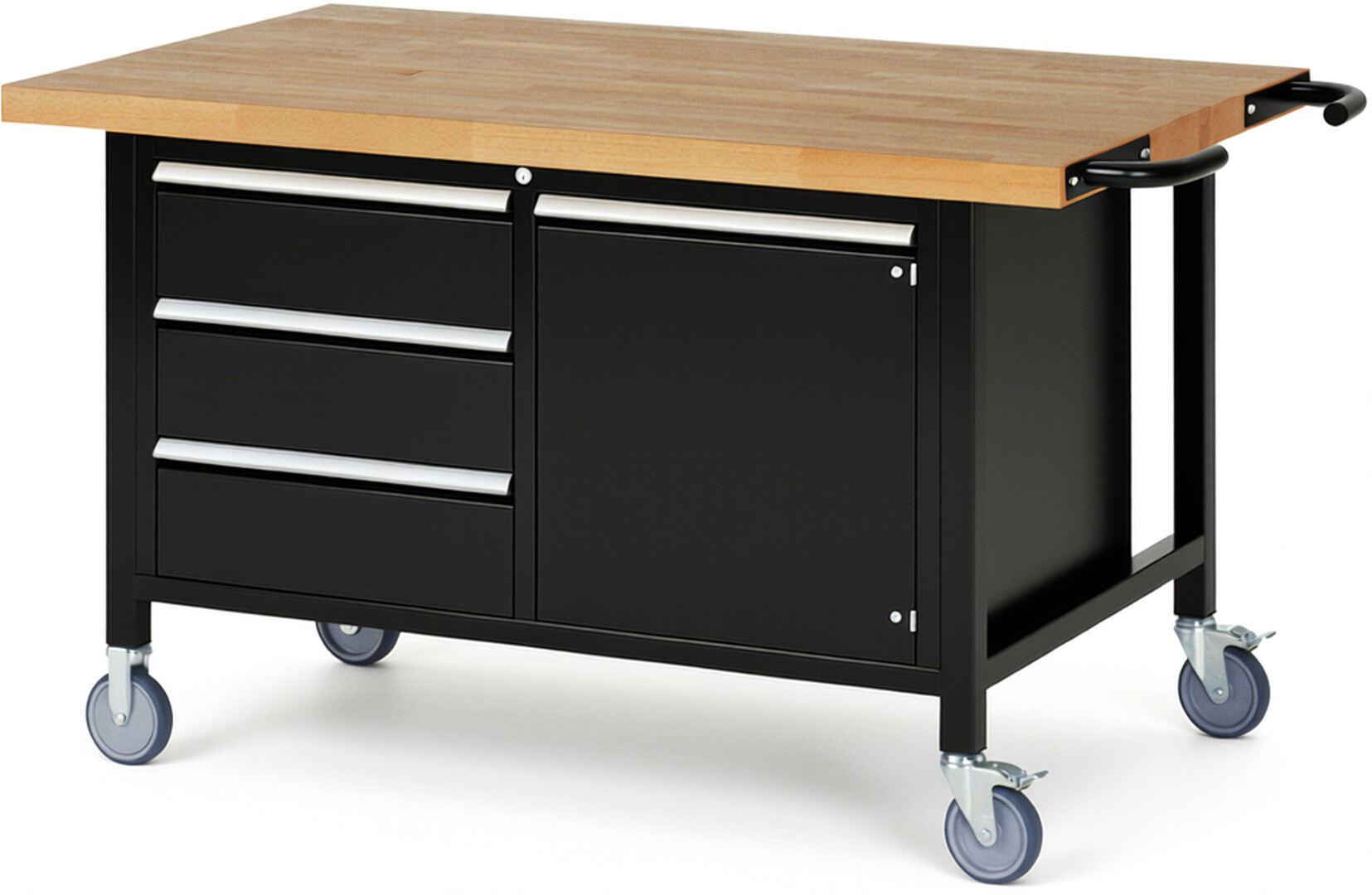 Fahrbare Werkbank Modell 8468 schwarz, BxTxH 1500x900x880 mm,  Buche-Massiv Arbeitsplatte 40 mm,  3 Schubladen mit  Vollauszug 100 % und  SoftClosing