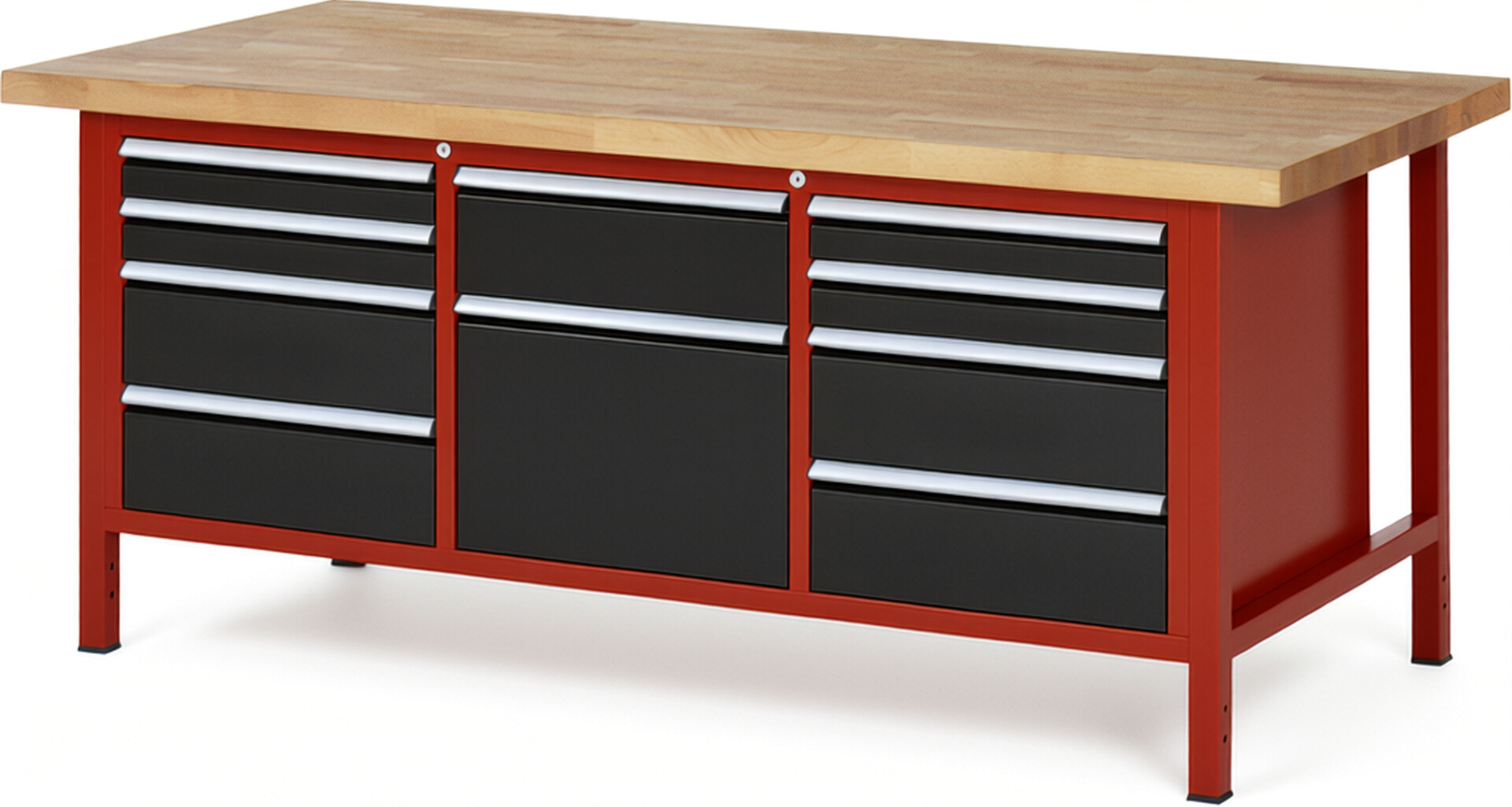 Werkbank Modell 8575 rot - schwarz, BxTxH 2000x900x840 mm,  Buche-Massiv Arbeitsplatte 40 mm,  10 Schubladen mit  Auszug 90 %