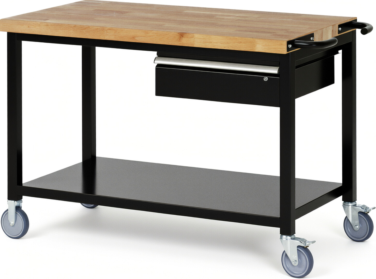 Fahrbare Werkbank Modell 8001 schwarz, BxTxH 1250x700x880-1080 mm,  Buche-Massiv Arbeitsplatte 40 mm,  1 Schublade mit  Auszug 90 %