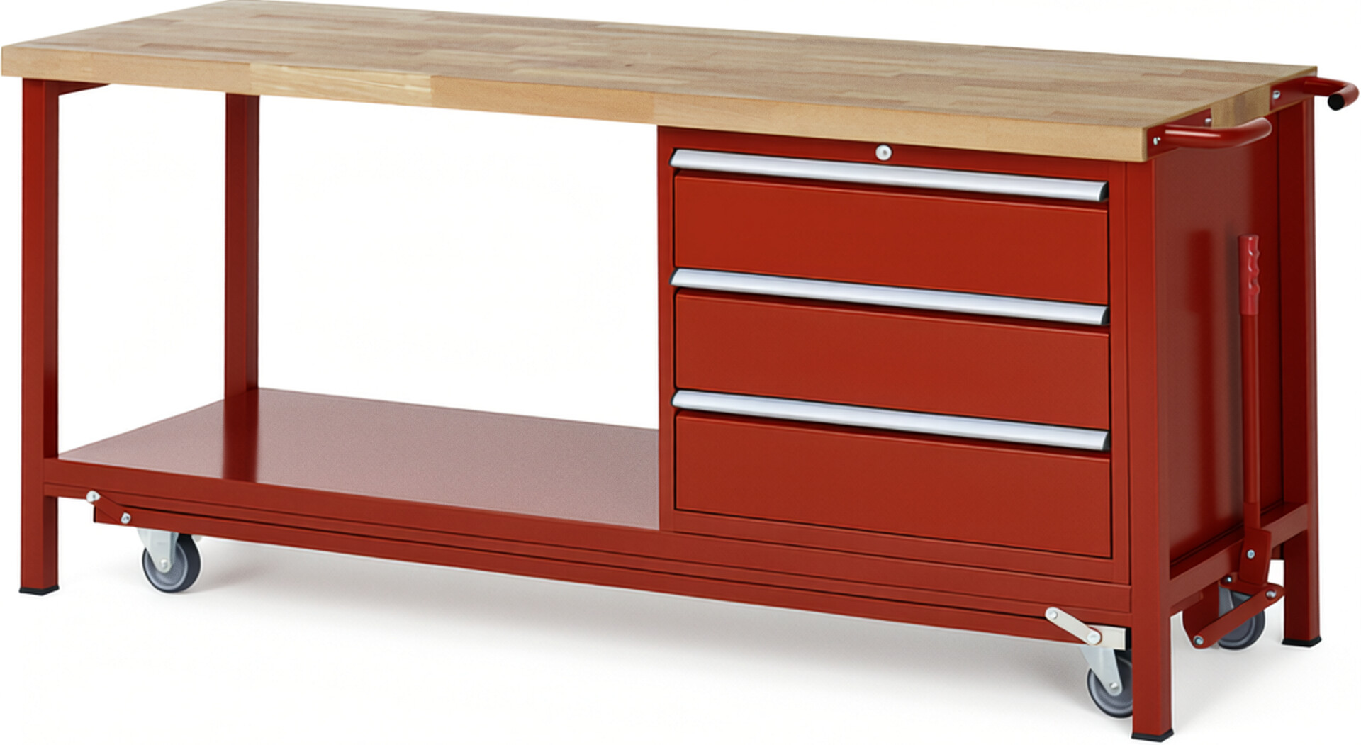 Absenkbare Werkbank Modell 8257 rot, BxTxH 2000x700x880 mm,  Buche-Massiv Arbeitsplatte 40 mm,  3 Schubladen mit  Auszug 90 %