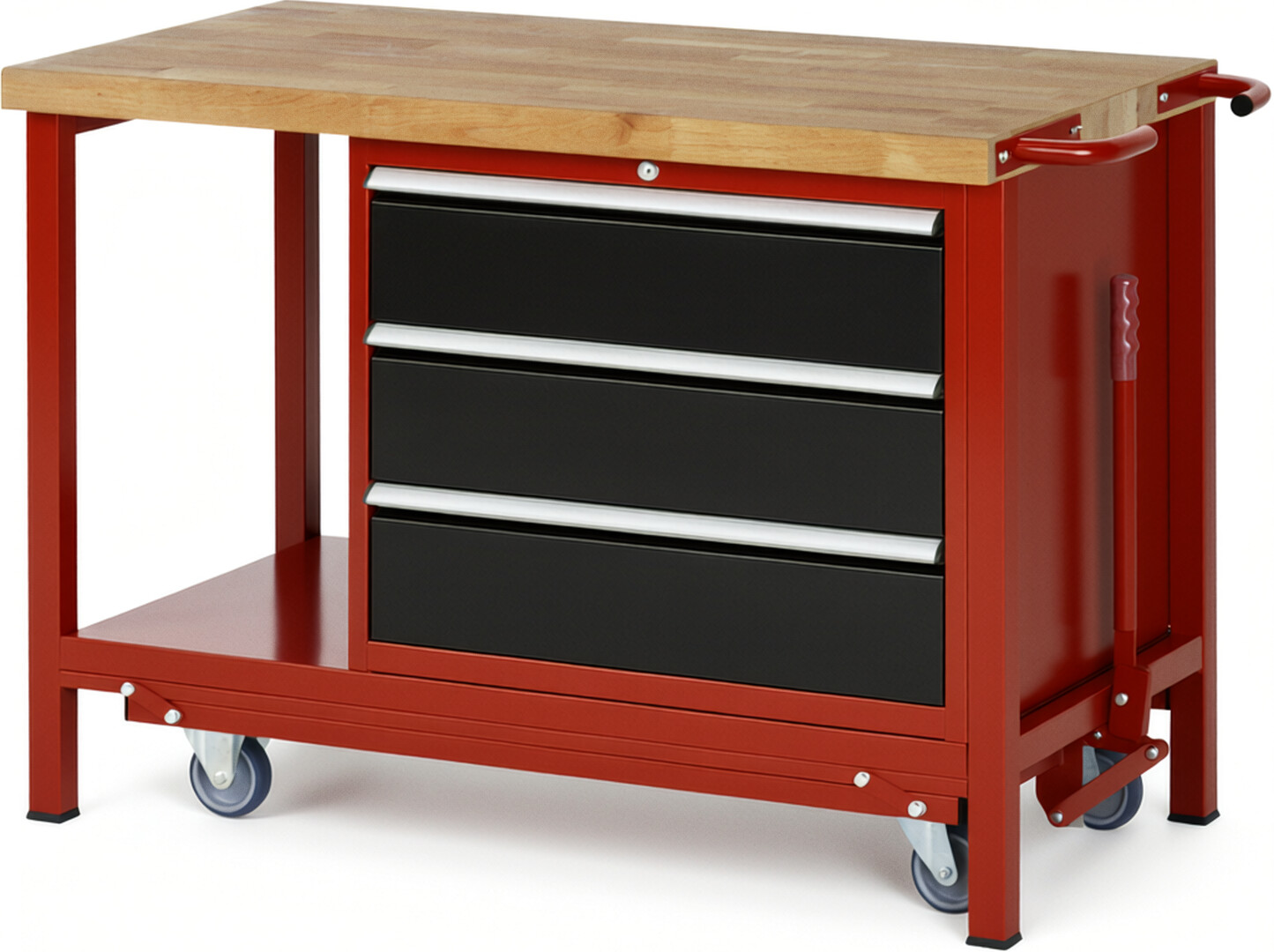 Absenkbare Werkbank Modell 8257 rot - schwarz, BxTxH 1250x700x880 mm,  Buche-Massiv Arbeitsplatte 40 mm,  3 Schubladen mit  Auszug 90 %
