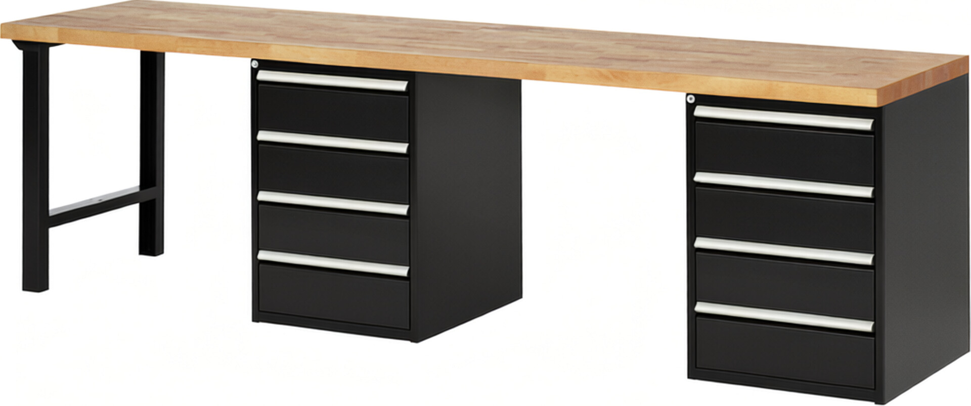 Werkbank Modell 7509 schwarz, BxTxH 3000x700x840 mm,  Buche-Massiv Arbeitsplatte 40 mm,  8 Schubladen mit  Vollauszug 100 % und  SoftClosing