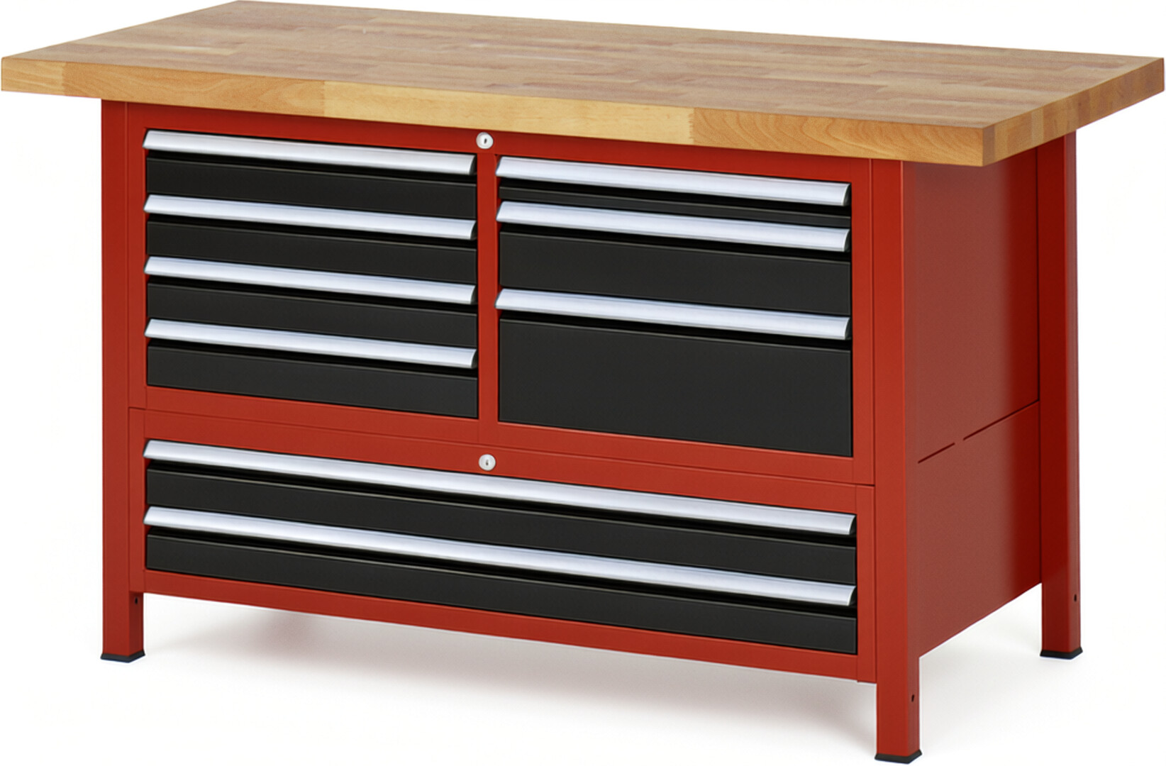 Werkbank Modell 8933 rot - schwarz, BxTxH 1500x700x840 mm,  Buche-Massiv Arbeitsplatte 40 mm,  9 Schubladen mit  Auszug 90 %