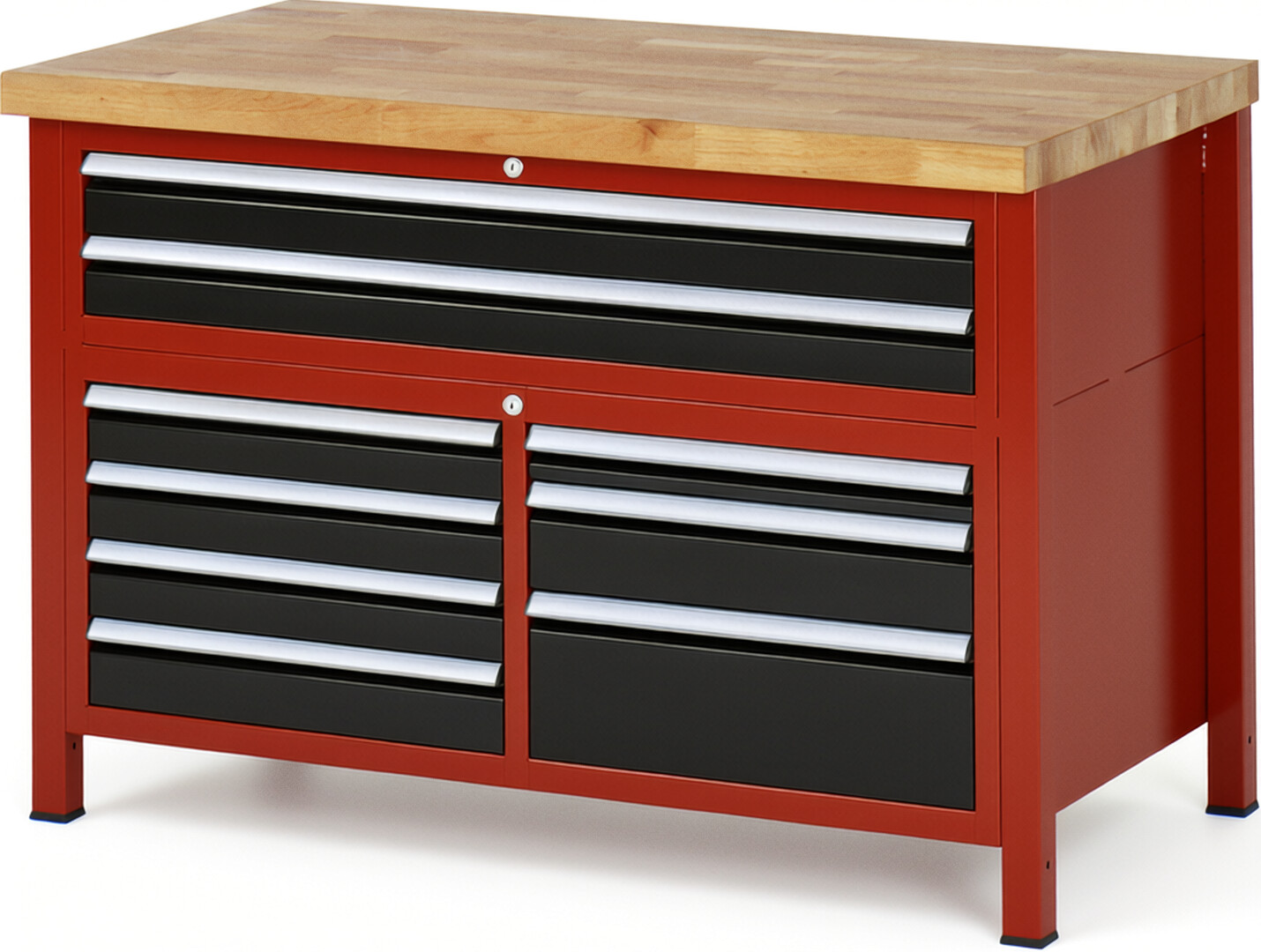 Werkbank Modell 8923 rot - schwarz, BxTxH 1250x700x840 mm,  Buche-Massiv Arbeitsplatte 40 mm,  9 Schubladen mit  Auszug 90 %