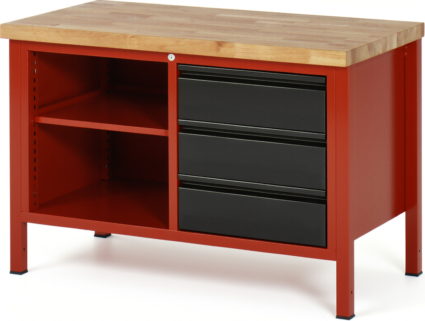 Werkbank rot - schwarz, BxTxH 1250x700x840-1040 mm, Platte Buche 40 mm, 3 Schublade 180 mm, 1 Fachboden, RAL 3000/9011