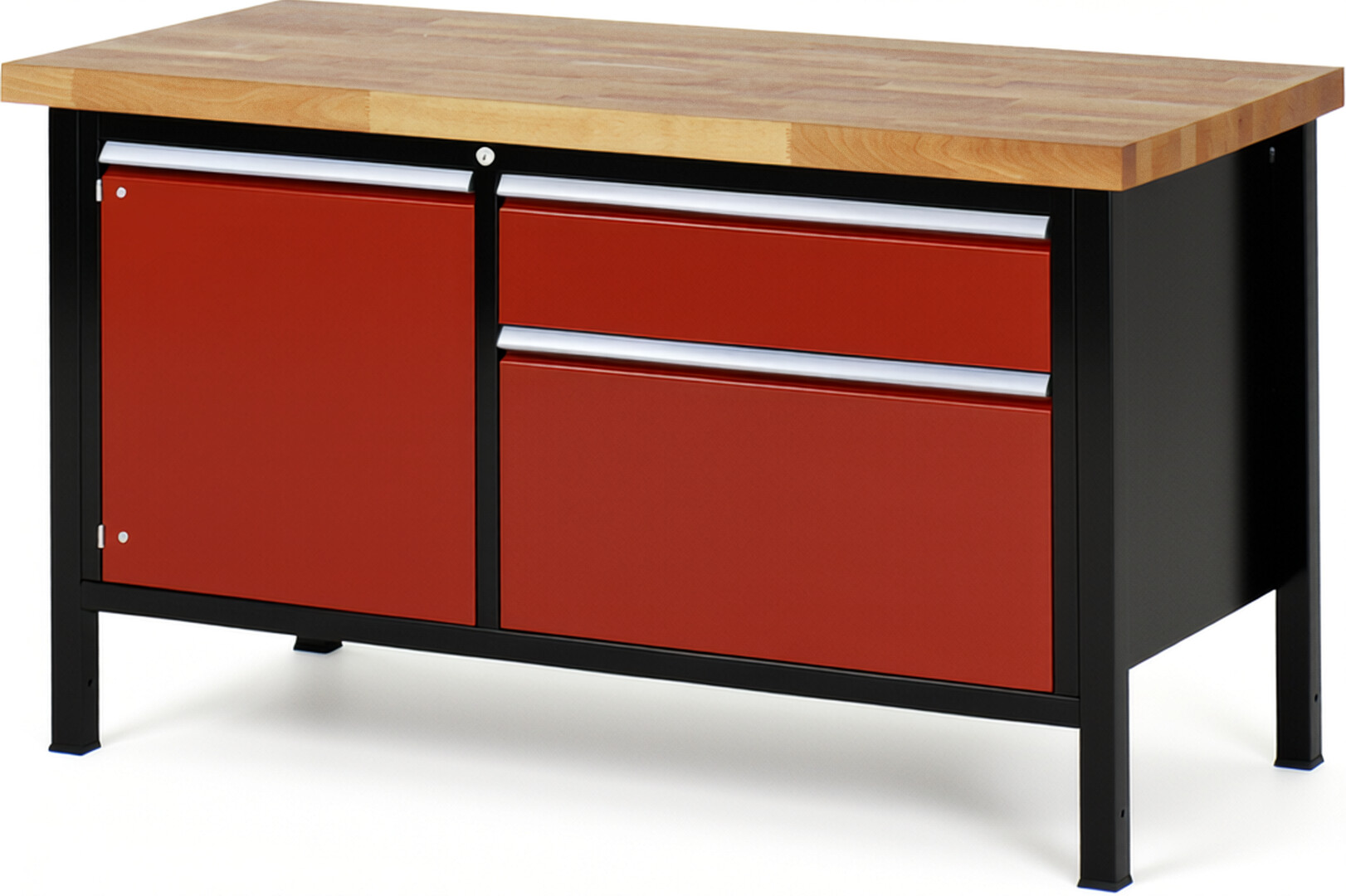 RAU Werkbank schwarz - rot - Breite 150 cm - Tiefe 70 cm - Höhe 104 cm - Buche-Massiv Arbeitsplatte 40 mm