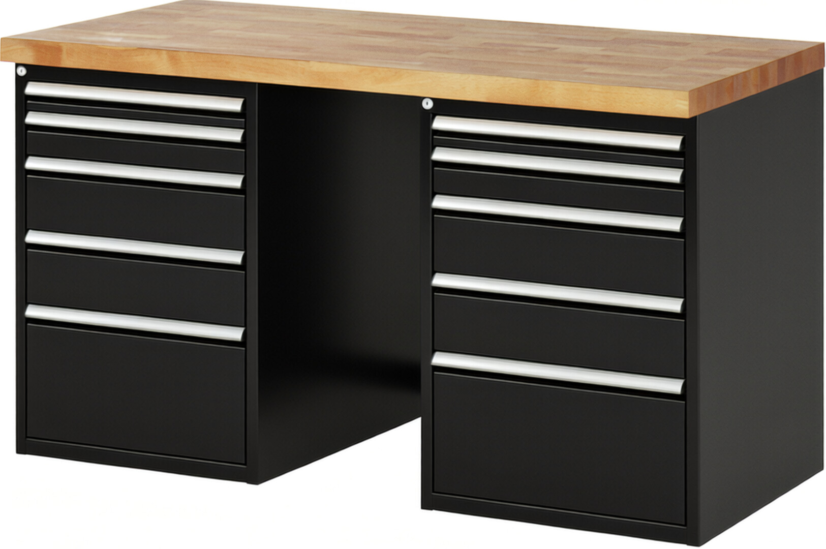 Werkbank Modell 7511 schwarz, BxTxH 1500x700x890 mm,  Buche-Massiv Arbeitsplatte 40 mm,  10 Schubladen mit  Vollauszug 100 % und  SoftClosing