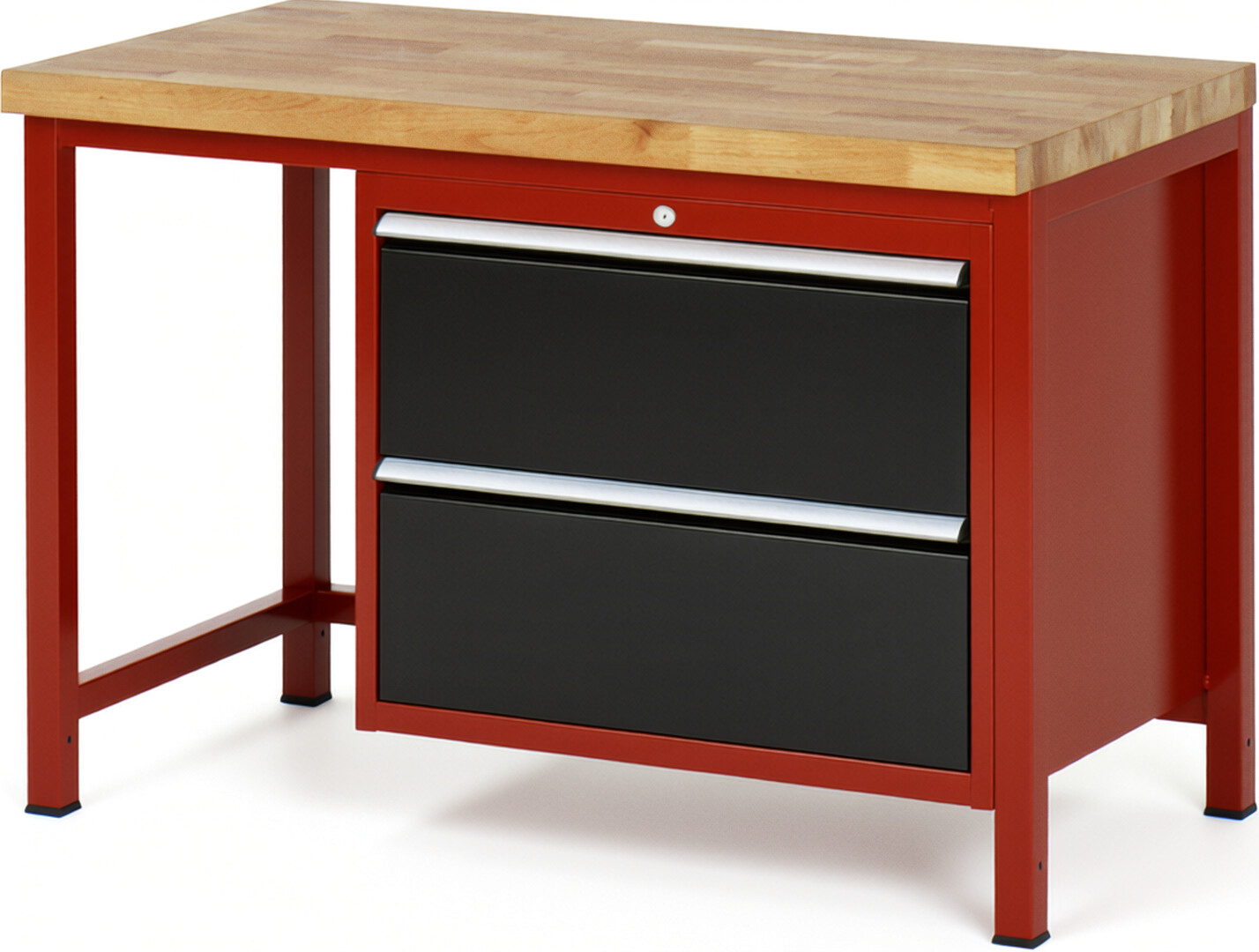 Werkbank Modell 8255 rot - schwarz, BxTxH 1250x700x840 mm,  Buche-Massiv Arbeitsplatte 40 mm,  2 Schubladen mit  Auszug 90 %