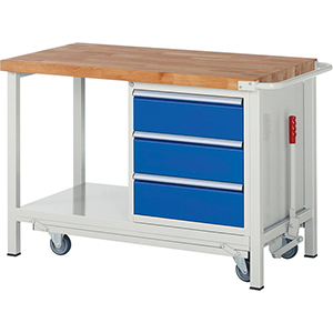Werkbank mit absenkbarem Fahrgestell, Breite 125 cm, Tiefe 70 cm, Höhe 88 cm, 3 Schublade(n), Platte: Buche-Riegel