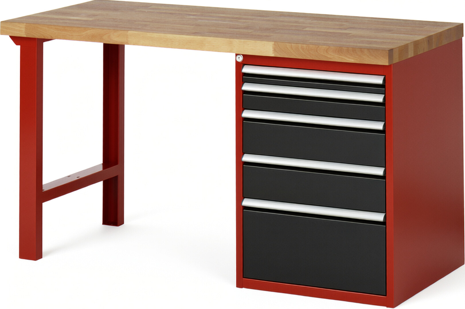 Werkbank Modell 7511 rot - schwarz, BxTxH 1500x700x890 mm,  Buche-Massiv Arbeitsplatte 40 mm,  5 Schubladen mit  Auszug 90 %