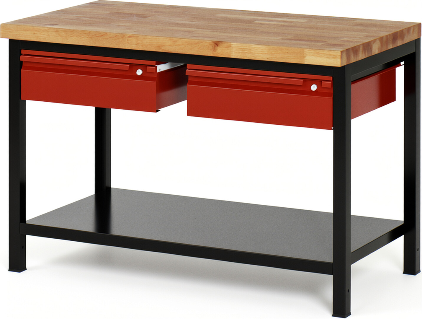 RAU Werkbank schwarz - rot - Breite 125 cm - Tiefe 70 cm - Höhe 104 cm - Buche-Massiv Arbeitsplatte 40 mm