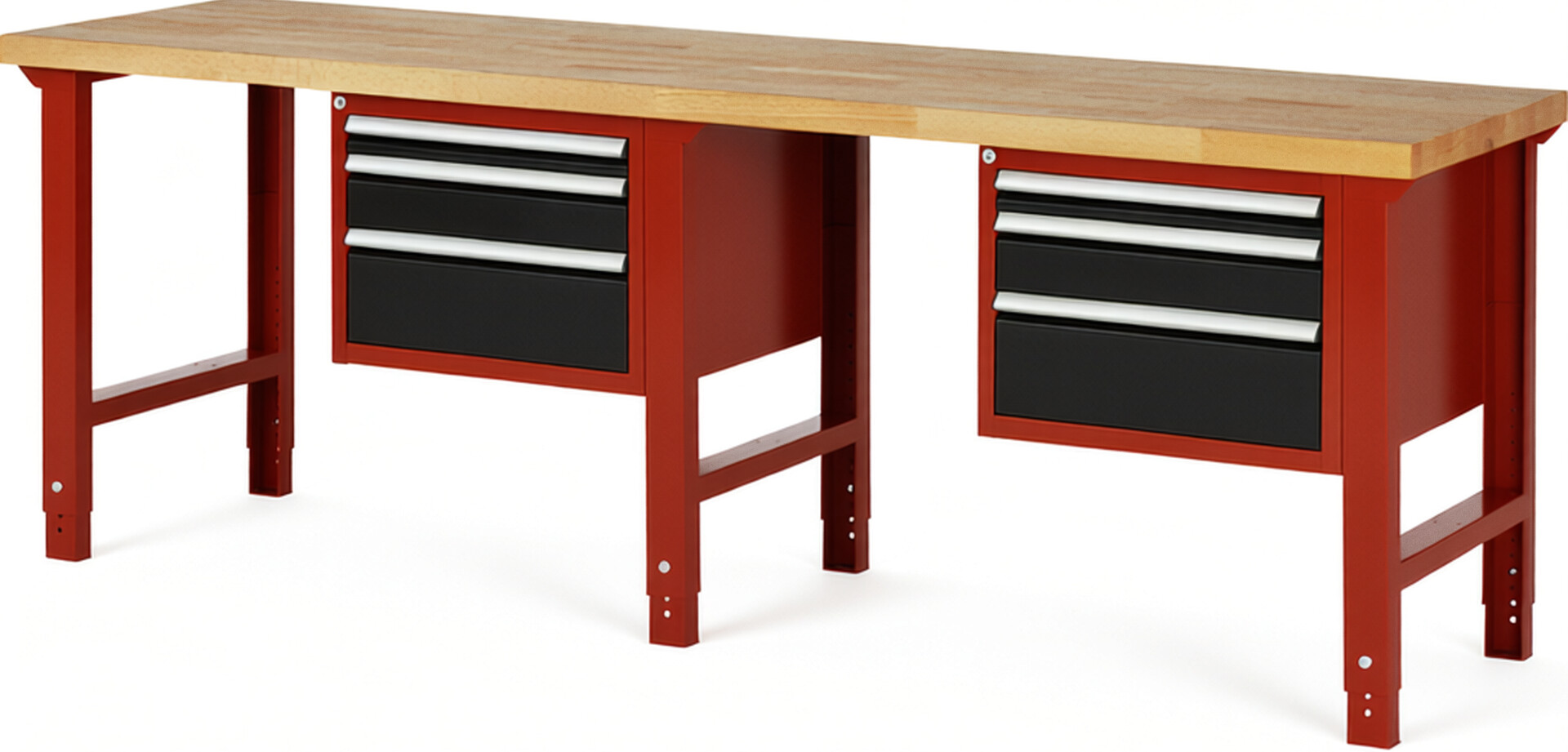 Werkbank Modell 7126 rot - schwarz, BxTxH 2500x700x790-1140 mm,  Buche-Massiv Arbeitsplatte 40 mm,  6 Schubladen mit  Auszug 90 %