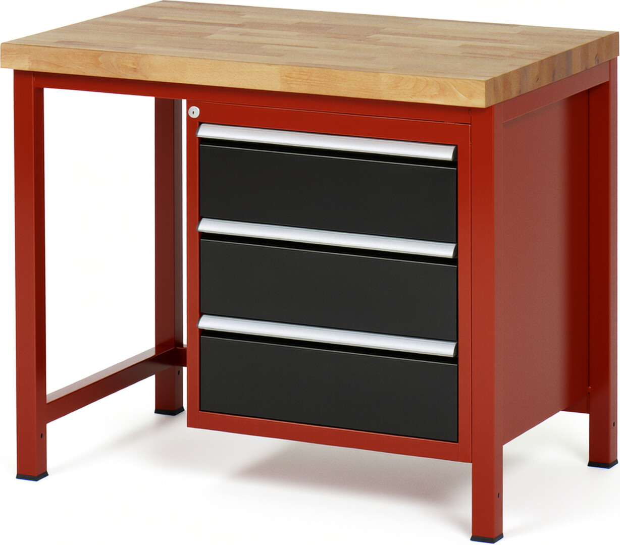 Werkbank Modell 8157 rot - schwarz, BxTxH 1000x700x840 mm,  Buche-Massiv Arbeitsplatte 40 mm,  3 Schubladen mit  Auszug 90 %