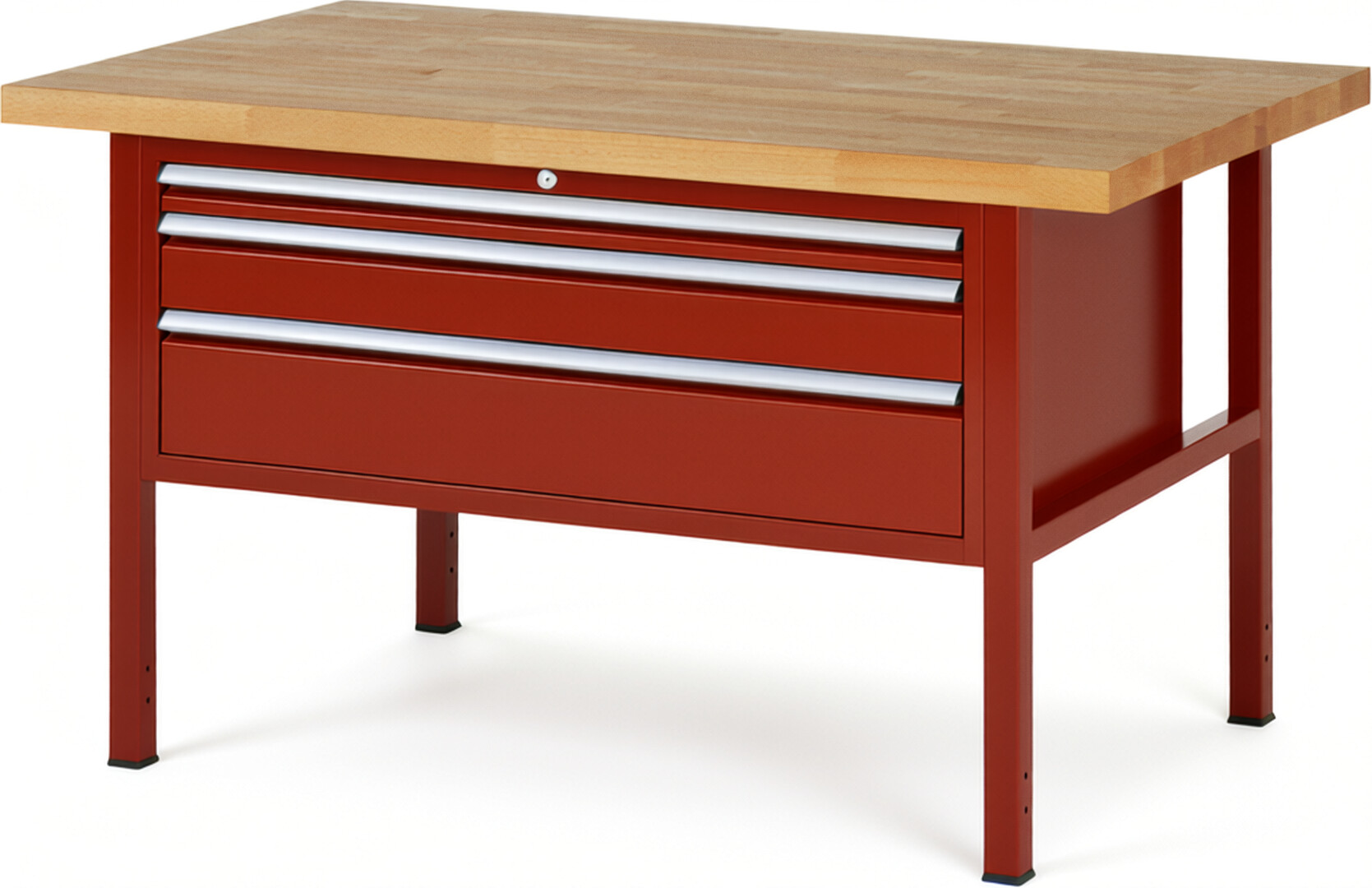 Werkbank Modell 8326 rot, BxTxH 1500x900x840 mm,  Buche-Massiv Arbeitsplatte 40 mm,  3 Schubladen mit  Vollauszug 100 % und  SoftClosing