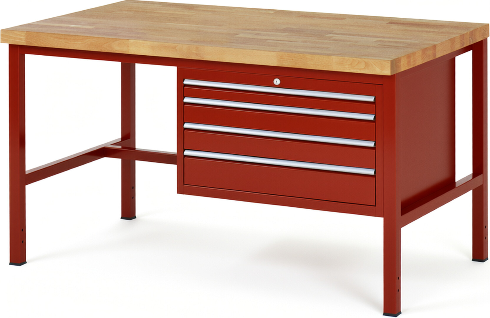 Werkbank Modell 8232 rot, BxTxH 1500x900x840 mm,  Buche-Massiv Arbeitsplatte 40 mm,  4 Schubladen mit  Auszug 90 %