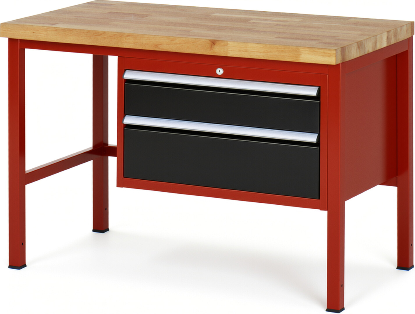 Werkbank Modell 8223 rot - schwarz, BxTxH 1250x700x840-1040 mm,  Buche-Massiv Arbeitsplatte 40 mm,  2 Schubladen mit  Vollauszug 100 % und  SoftClosing