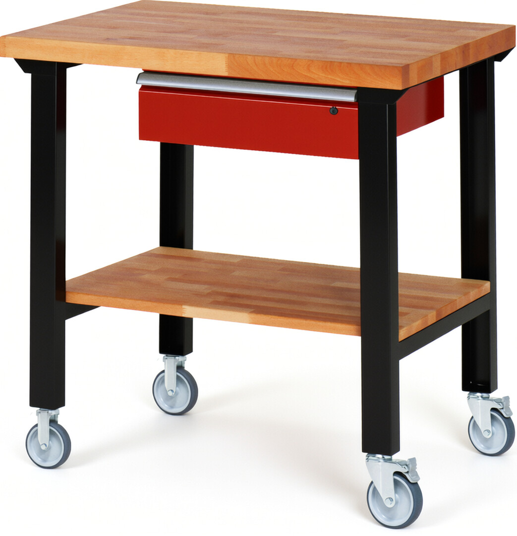 RAU Werkbank schwarz - rot - Breite 100 cm - Tiefe 70 cm - Höhe 100 cm - Buche-Massiv Arbeitsplatte 40 mm