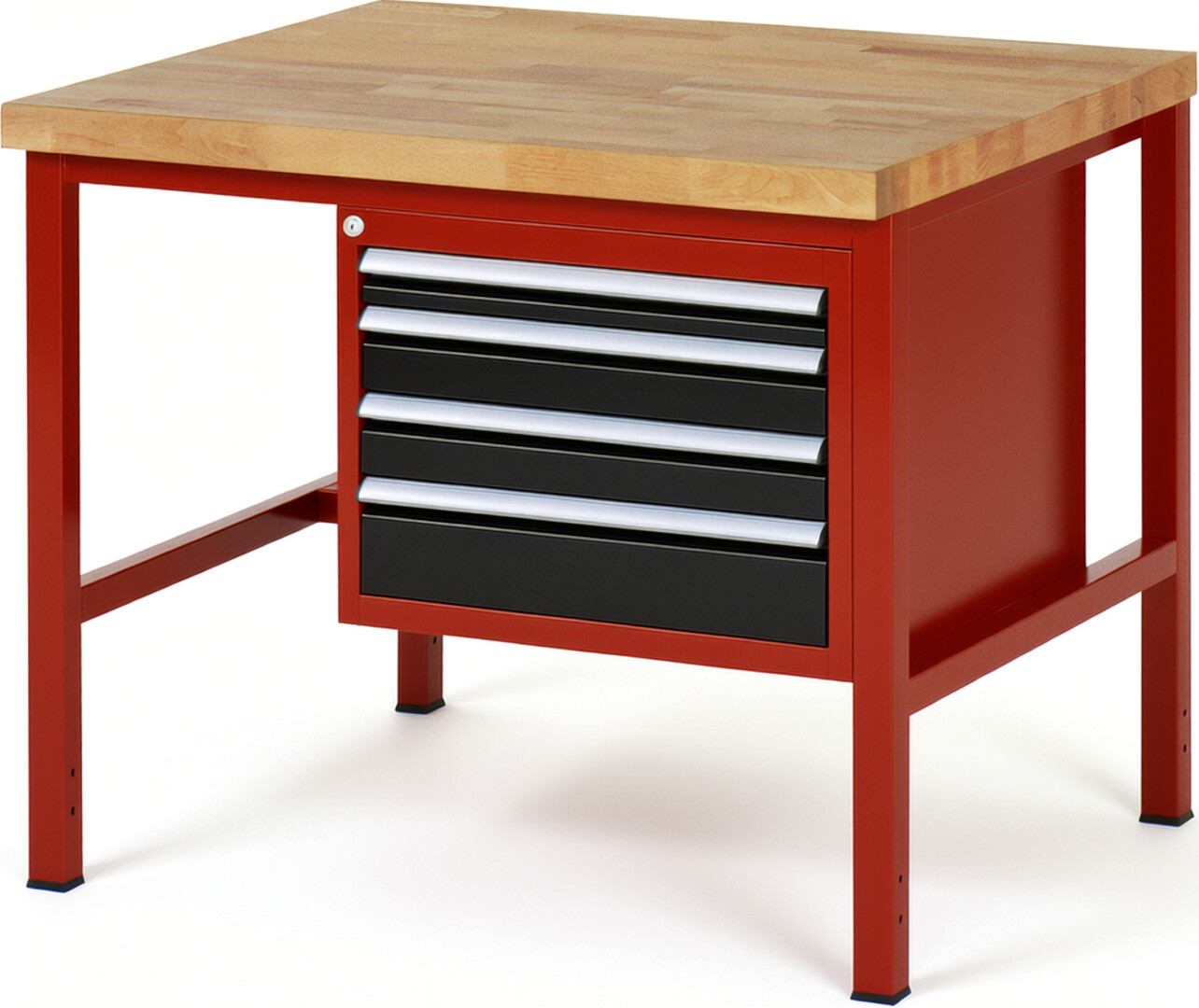Werkbank Modell 8132 rot - schwarz, BxTxH 1000x900x840 mm,  Buche-Massiv Arbeitsplatte 40 mm,  4 Schubladen mit  Vollauszug 100 % und  SoftClosing