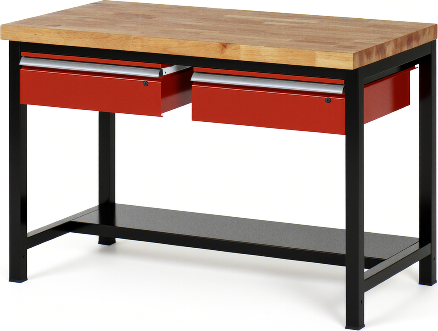 RAU Werkbank schwarz - rot - Breite 125 cm - Tiefe 90 cm - Höhe 104 cm - Buche-Massiv Arbeitsplatte 40 mm