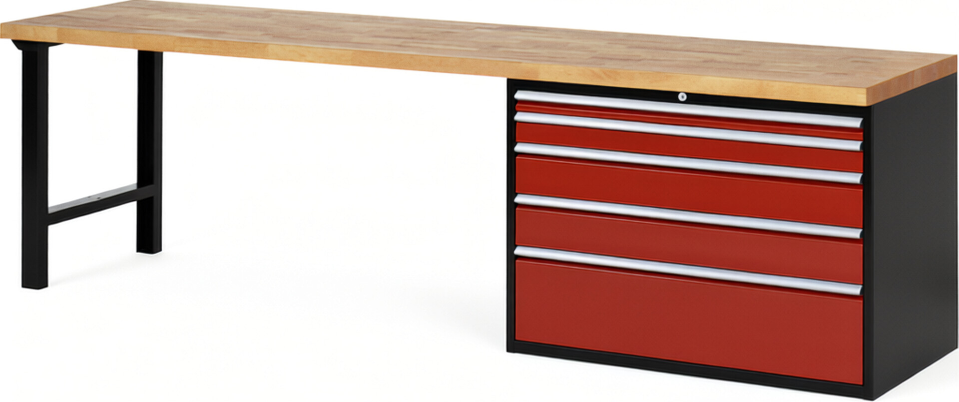 RAU Werkbank schwarz - rot - Breite 300 cm - Tiefe 70 cm - Höhe 89 cm - Buche-Massiv Arbeitsplatte 40 mm