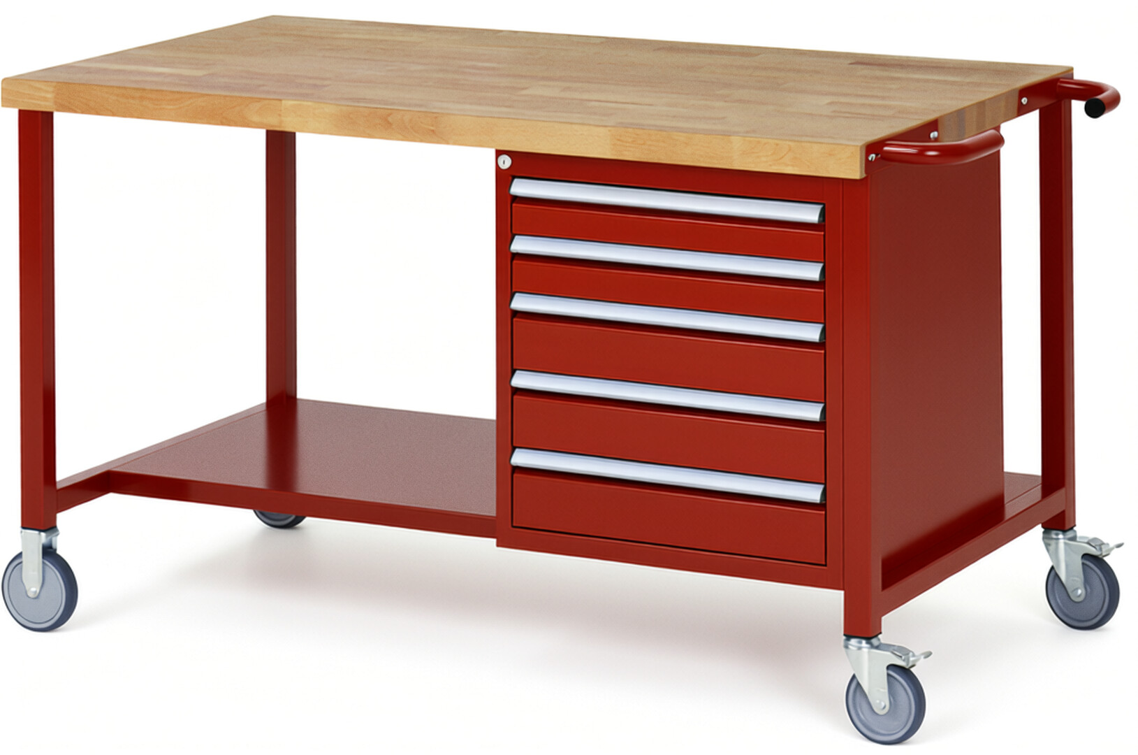 Fahrbare Werkbank Modell 8171 rot, BxTxH 1500x900x880 mm,  Buche-Massiv Arbeitsplatte 40 mm,  5 Schubladen mit  Vollauszug 100 % und  SoftClosing