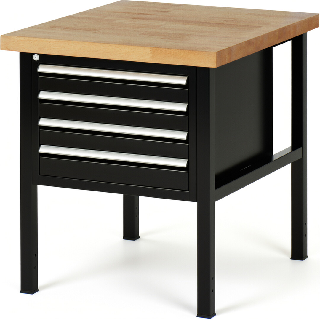 Werkbank Modell 8133 schwarz, BxTxH 750x900x840 mm,  Buche-Massiv Arbeitsplatte 40 mm,  4 Schubladen mit  Auszug 90 %