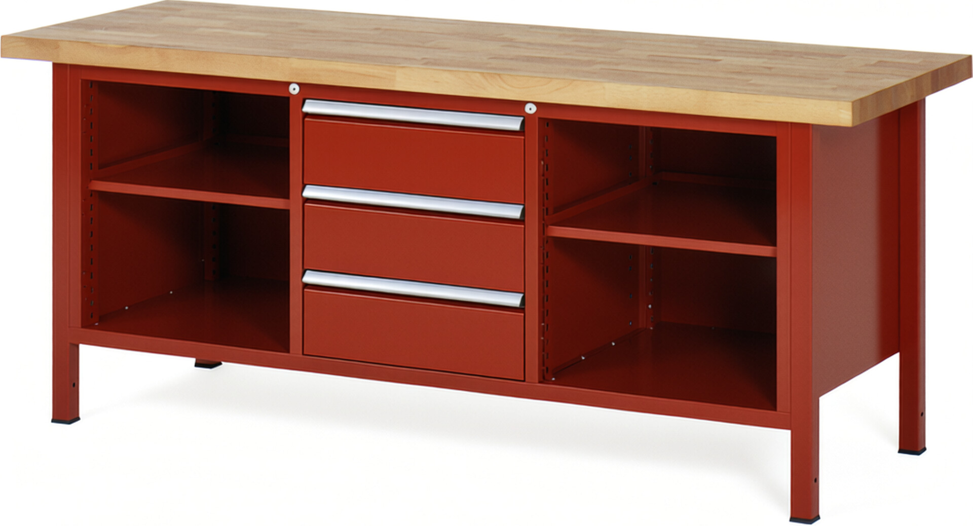 Werkbank Modell 8565 rot, BxTxH 2000x700x840 mm,  Buche-Massiv Arbeitsplatte 40 mm,  3 Schubladen mit  Vollauszug 100 % und  SoftClosing
