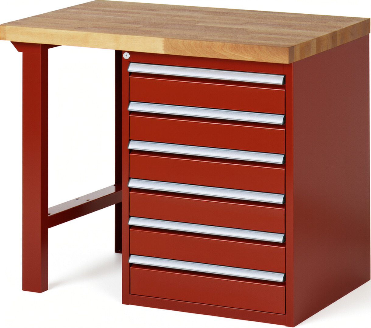 Werkbank Modell 7516 rot, BxTxH 1000x700x890 mm,  Buche-Massiv Arbeitsplatte 40 mm,  6 Schubladen mit  Auszug 90 %