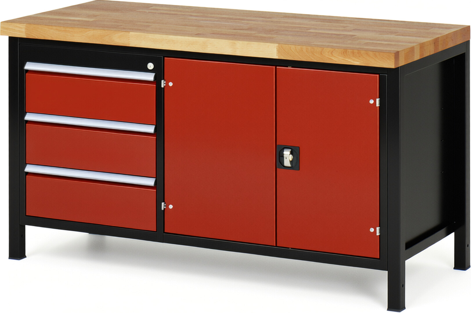 RAU Werkbank schwarz - rot - Breite 150 cm - Tiefe 70 cm - Höhe 104 cm - Buche-Massiv Arbeitsplatte 40 mm