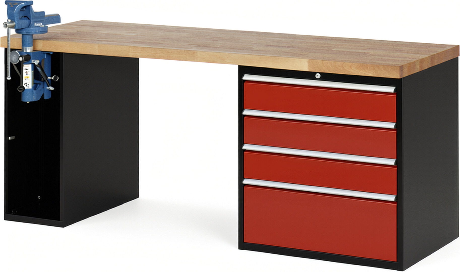 RAU Werkbank schwarz - rot - Breite 200 cm - Tiefe 70 cm - Höhe 89 cm - Buche-Massiv Arbeitsplatte 40 mm