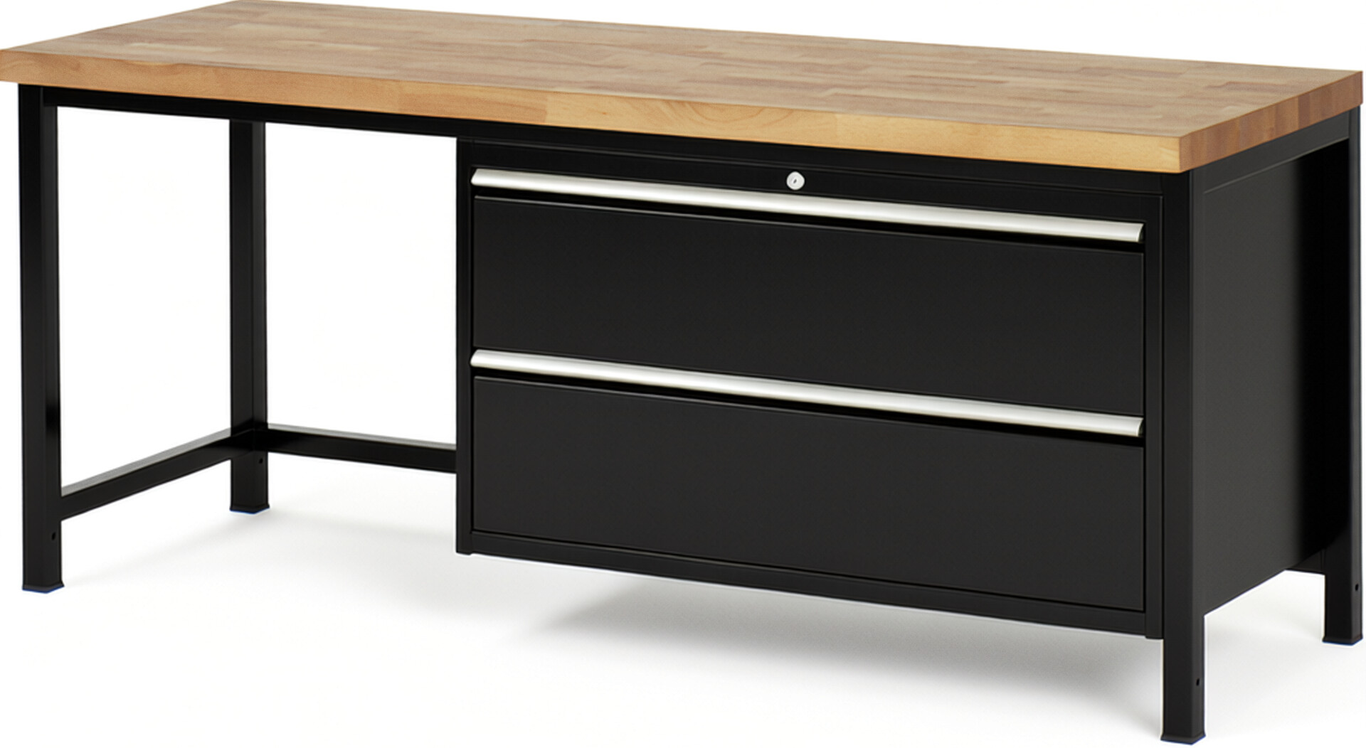 Werkbank Modell 8355 schwarz, BxTxH 2000x700x840 mm,  Buche-Massiv Arbeitsplatte 40 mm,  2 Schubladen mit  Auszug 90 %